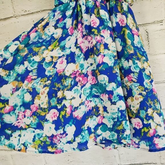 Lush Blue Floral Sleeveless Faux Wrap Dress - Picture 7 of 12